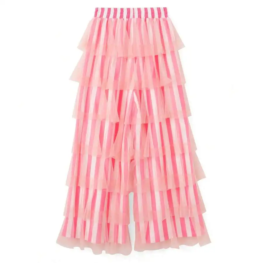 

Women Casual Layered Mesh Ruffles Striped Elastic Waist Wide Leg Pants
