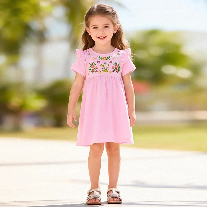 

Новое летнее платье для девочек 2026 года: хлопковое, нежно-розовое, с цветочным принтом, с коротким рукавом, для малышей