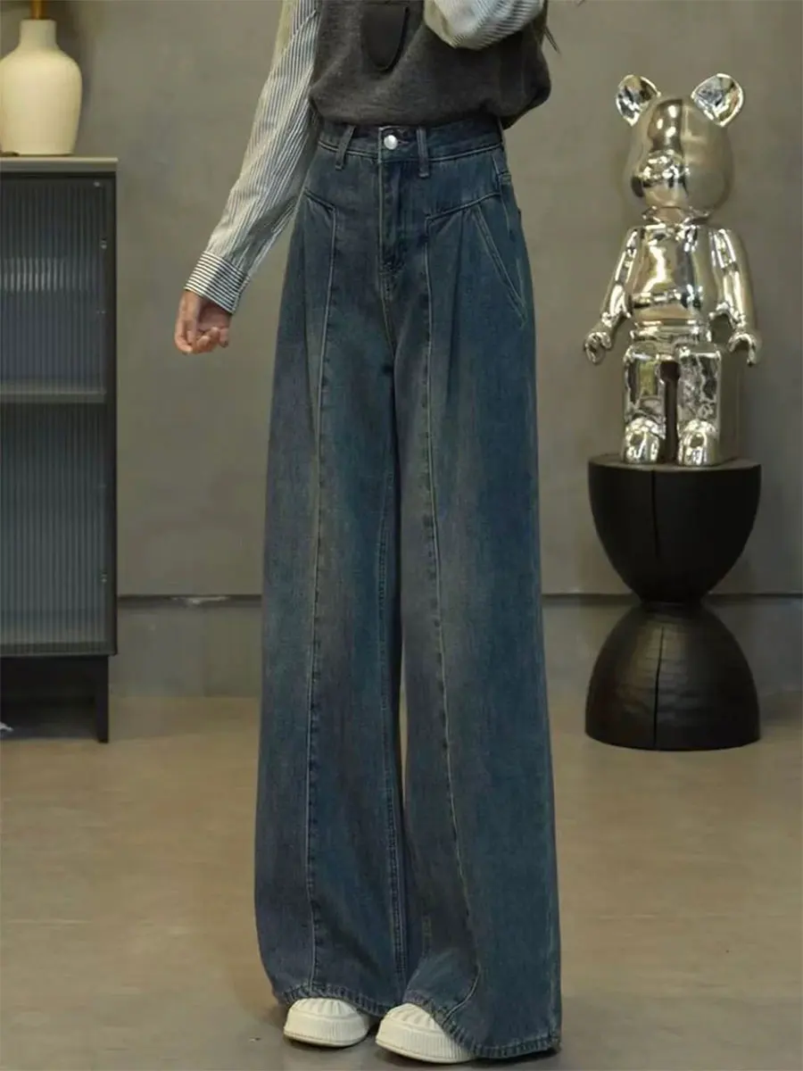 

plus Size Fleece Lined Thick Denim Pants High Waist Loose Women's Winter Wide Leg Jeans Casual High Waist Blue Jeans
