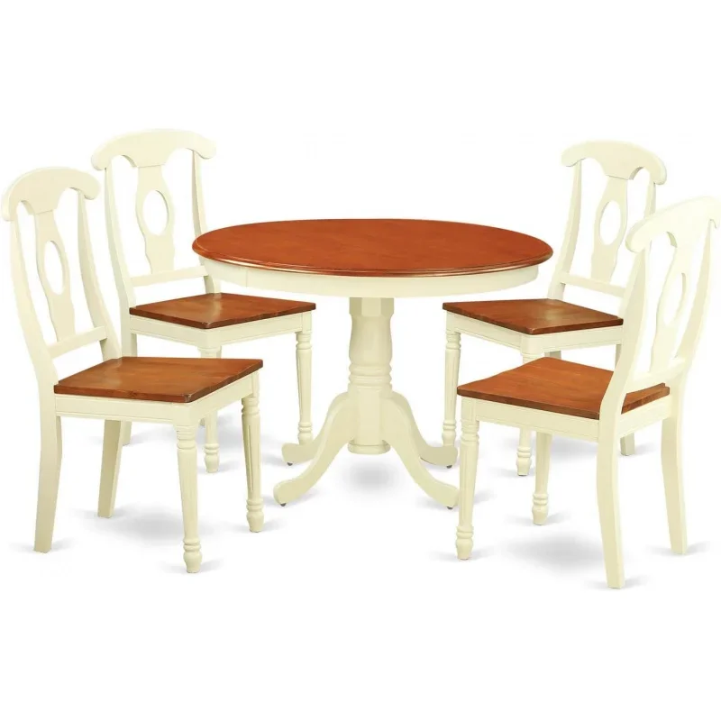 

5 Piece Kitchen Table Set for 4 Includes a Dining Table with Pedestal and 4 Dining Room Chairs, 42x42 Inch, Buttermilk & Cherry