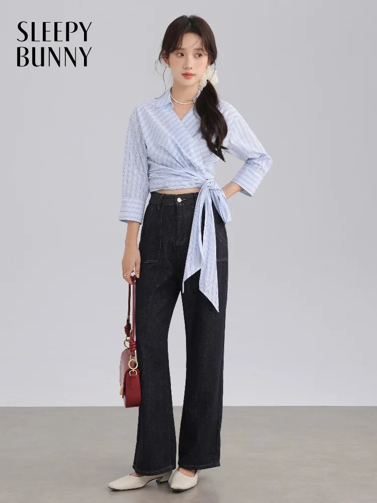 

Elegant Wrap Tie Blouse Stylish Shirt Striped Lapel Design with 3/4 Sleeves Petite Fit Fashion Top for Women Casual Office Wear