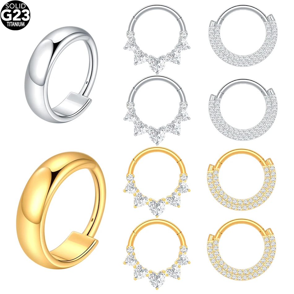 1/5PCS Titanium Heart Clicker Septum Piercing Jewelry CZ Zircon Hinged Daith Conch Earring Tragus Helix Nose Rings for Women 16G