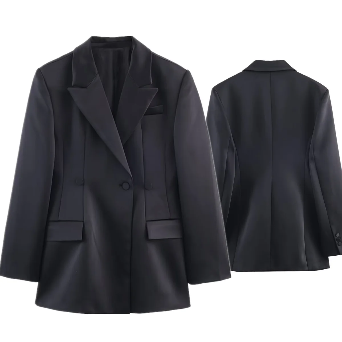 เจนนี่&เดฟเสื้อแจ็คเก็ตผู้หญิงเสื้อผ้าผู้หญิงเสื้อท็อปส์โรปา มูเยร์ เบลเซอร์ผู้หญิงมินิมอลลิสต์ซาตินสีดำเสื้อสูทแจ็คเก็ตยาวผู้หญิง