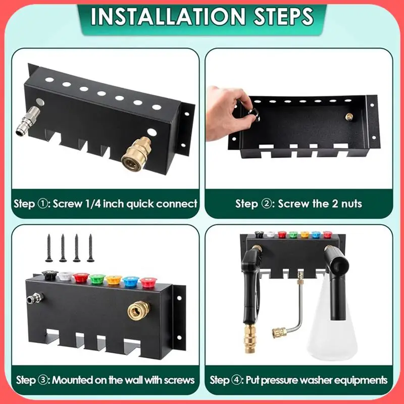 

A76I-держатель инструмента для мойки высокого давления, стеллаж для хранения с 7 отверстиями, настенный монтаж для пенопластовых путей, насадки для мойки и палочки, прочный, легкий T