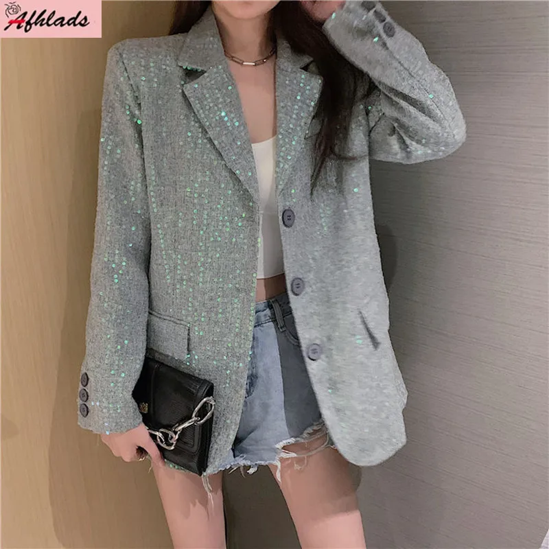 

Spring And Summer New Loose Streetwear Design Coat Women's Wear Sequins Notched Collar Single-Breasted Long Sleeved Outerwear