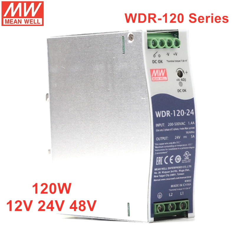 

MEAN WELL WDR-120 Series Ultra Wide Input Industrial Din Rail 120W Slim Power Supply WDR-120-12 WDR-120-24 WDR-120-48