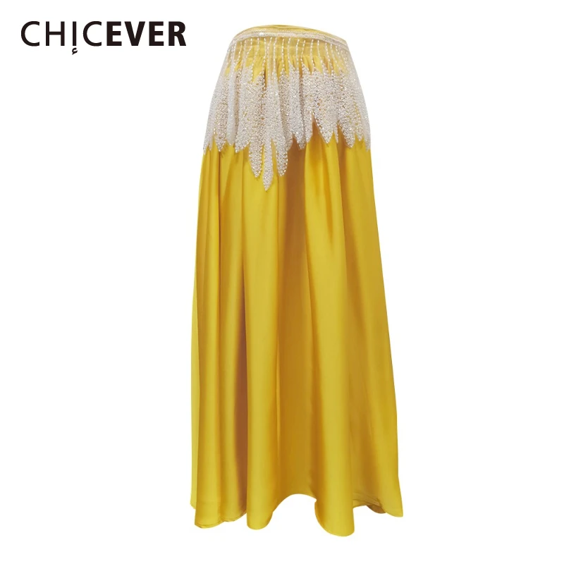 

CHICEVER Solid Spliced Beading Taseel Prom Evening Skirt for Women High Waist Patchwork Folds Temperament Skirt Female Clothes