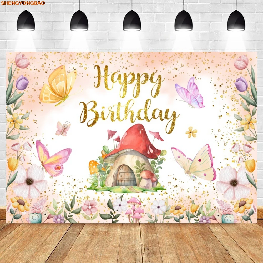 

Butterfly Mushroom House Backdrop Girls Birthday Party Baby Shower Photography Backdground Cake Table Decor Banner Studio Props