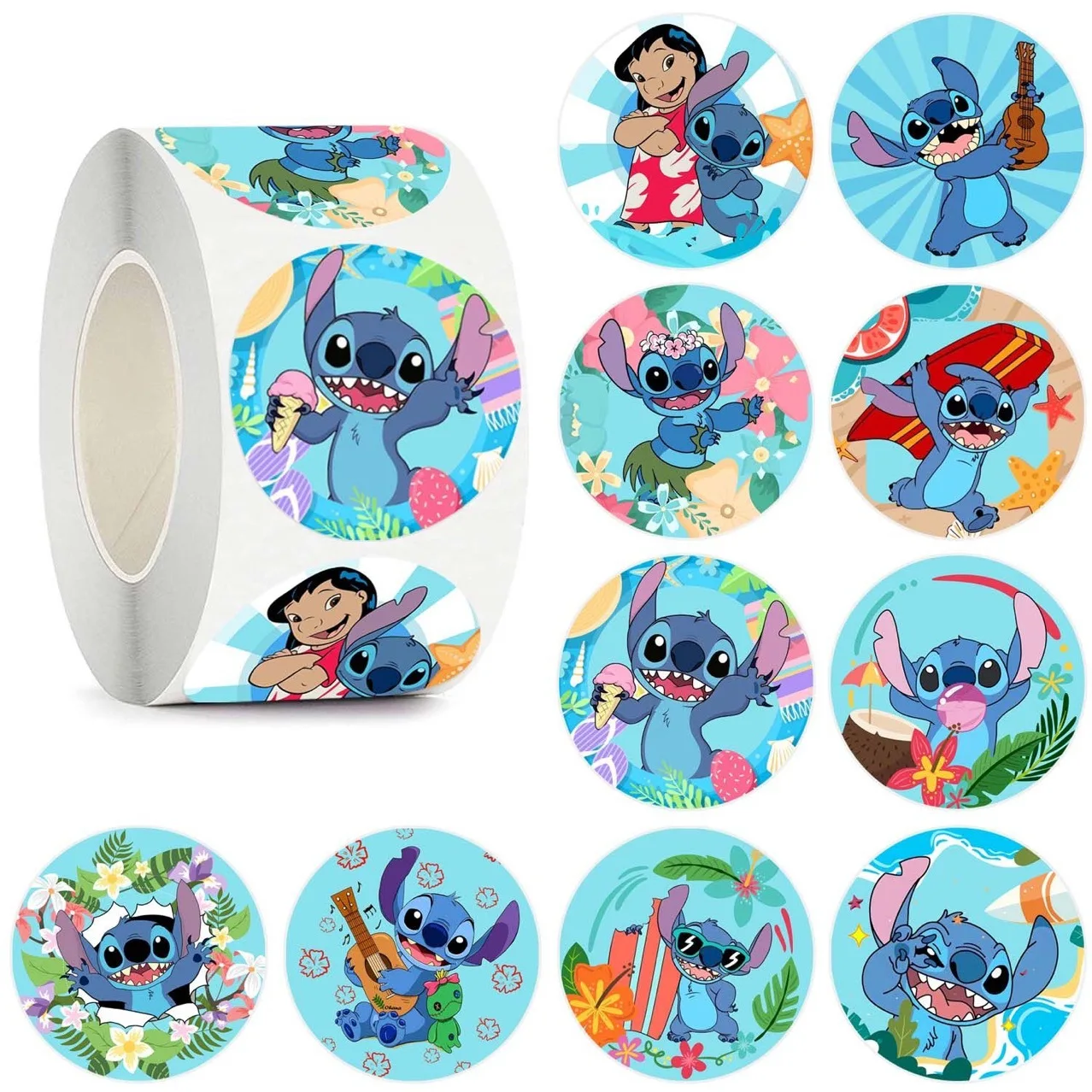 500PCS/Roll Disney Stitch Sealing Graffiti Stickers Cute Cartoon Anime Lilo & Stitch Stickers Round Diy Decor Album Diary Labe