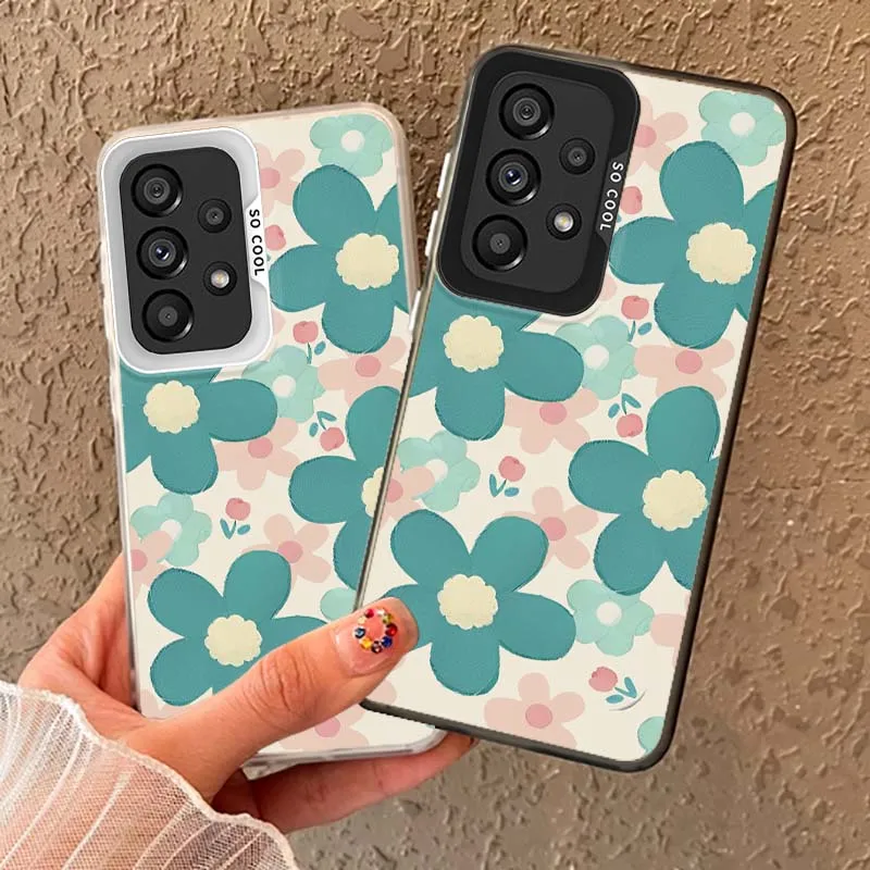 Cartoon Floral Pattern Art For Samsung Galaxy A73 A72 A71 A56 A55 A54 A53 A52 A52S A51 A36 A35 M11 Colored Silver Phone Case