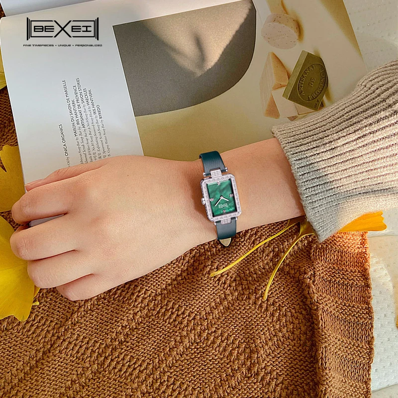 Bexei 6112-女性のためのレトロな正方形のクォーツ時計,エレガントでちりばめられたジュエリー,人工サファイア,シェルダイヤル,シルク