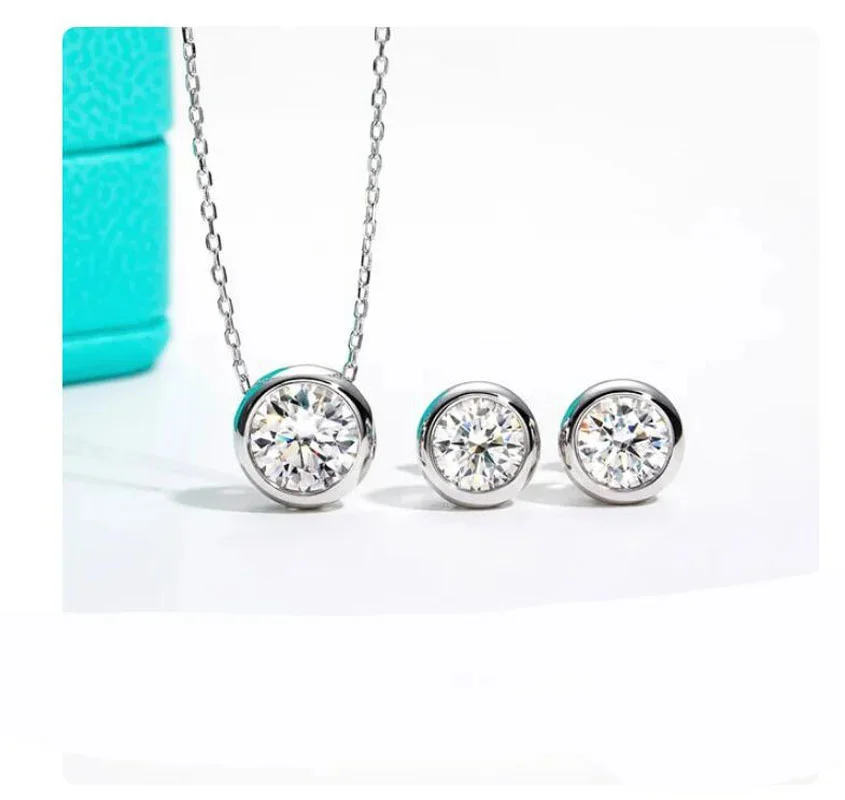 D Color Moissanite Bezel Stud Earrings 18K Gold Plated Pendant Necklace 925 Sterling Silver Gemstone Jewelry Set Customs Jewelry