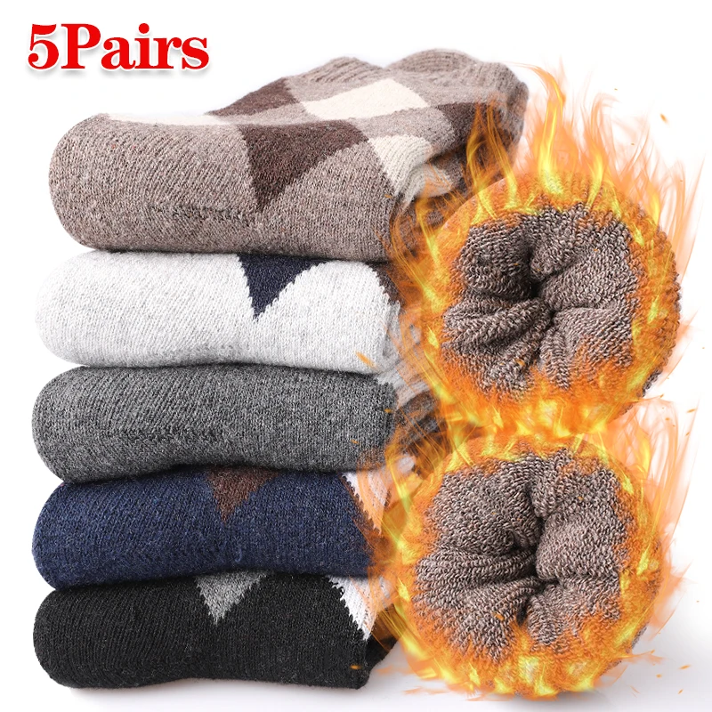 

5Pairs Geometric Patterned Thick Warm Crew Socks Men Solid Color Winter Anti-Cold Fleece Lined Mid-Calf Sock Breathable Fabric