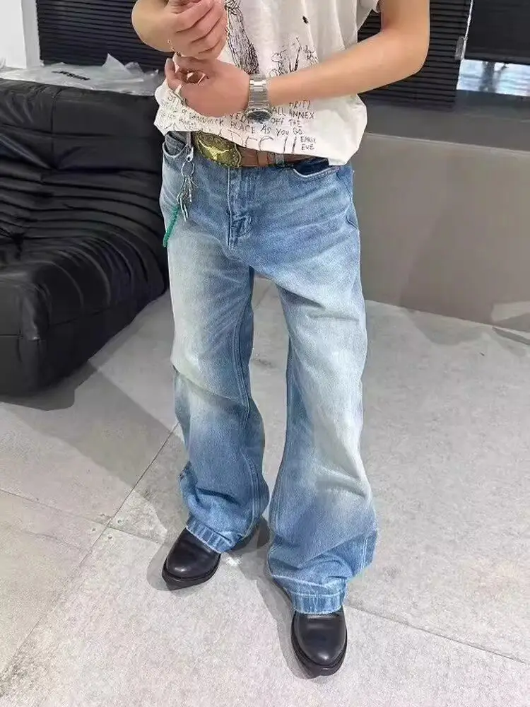 

Retro American Washed Ice Blue Faded High Rise A-Line Wide Leg Men's Jeans Loose Straight Long Trousers Summer Wear