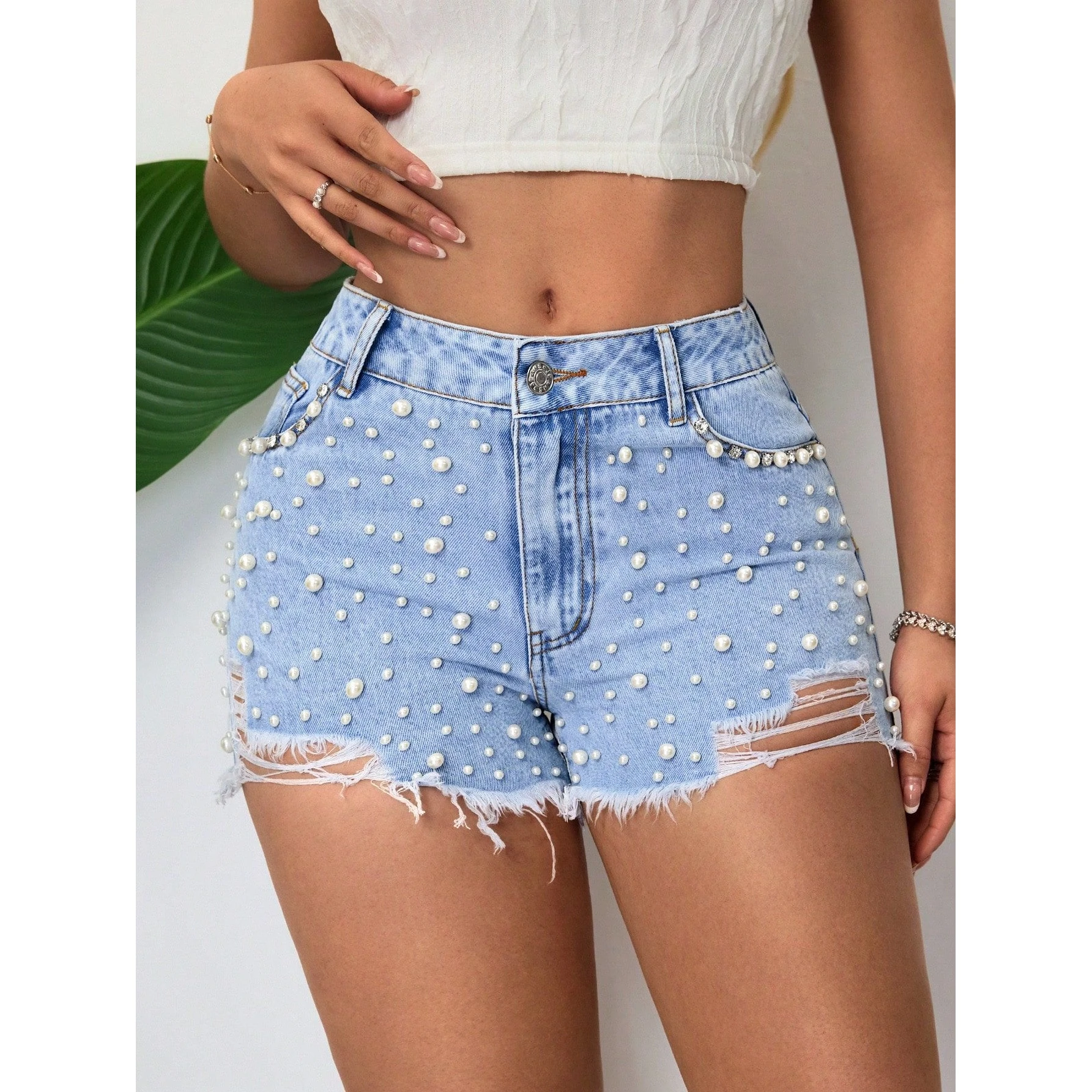 Fashionable Pearl Decorated Hole Design Jeans Shorts Women's Cross-Border Straight Leg Jeans Pants No Brand Commute Style