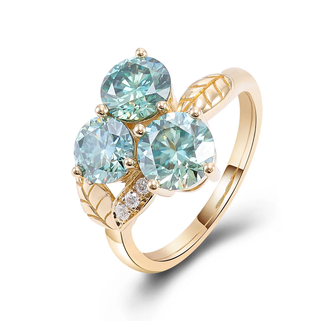 

Provence 14K Yellow Gold Three Stone Ring With 6.5mm Green Blue Round Moissanite Diamond For Women Leaf Engraving Design Ring