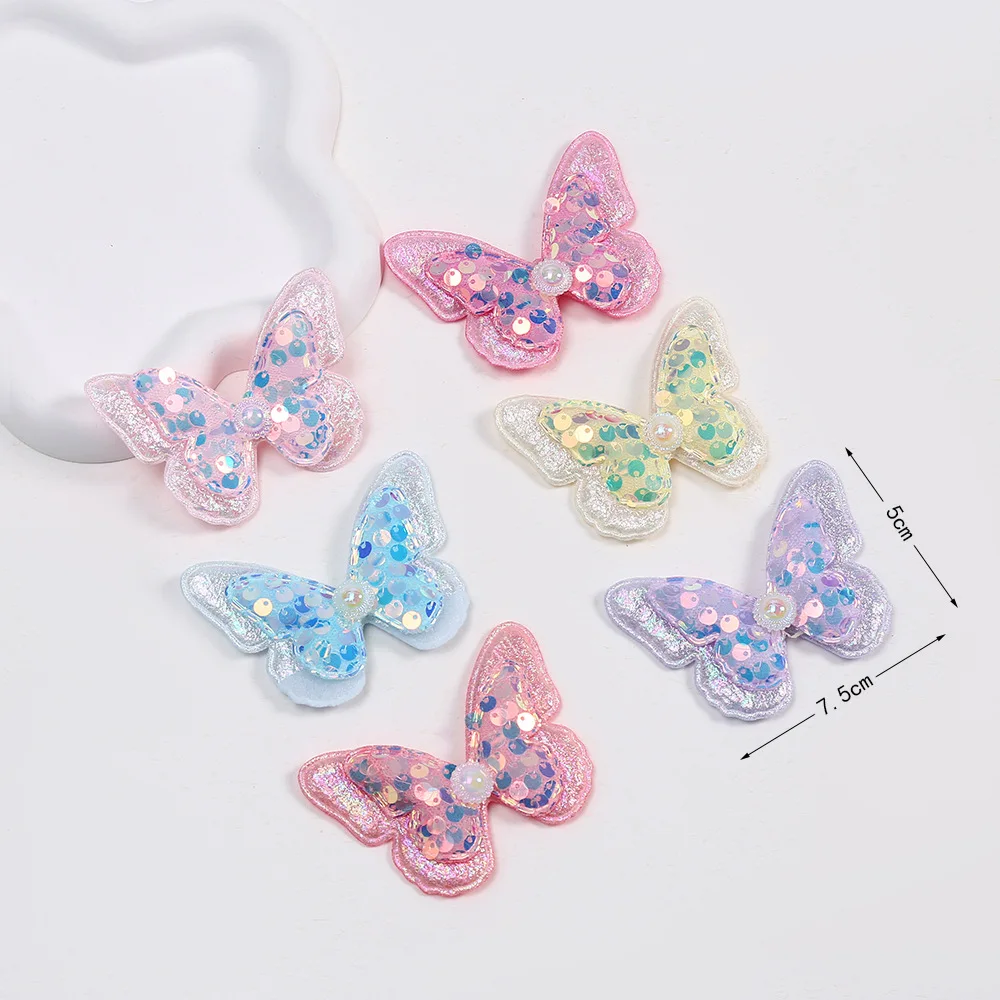 

20Pcs/Lot 7.5cm Double Layer Kids Butterfly for Hairpins Sequin Glitter Children Pearl Bead Butterfly for Baby Hair Clips Acces