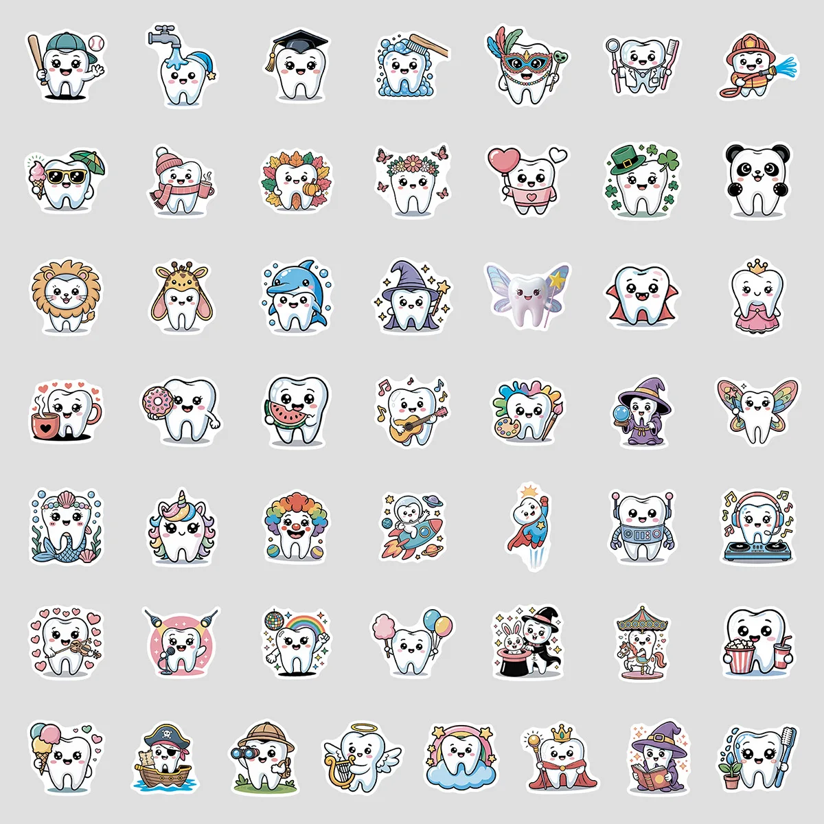 50/100PCS Cute Tooth Graffiti Stickers Water Cup Computer Waterproof Decoration Stickers Cartoon Tooth Stationery Stickers