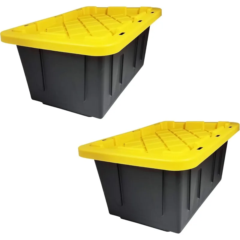 HOMZ Durabilt 15-Gallon Storage Tote with Flip Lid, Heavy-Duty Storage Bin with Snap-on Lid, Black and Yellow, 2 Pack