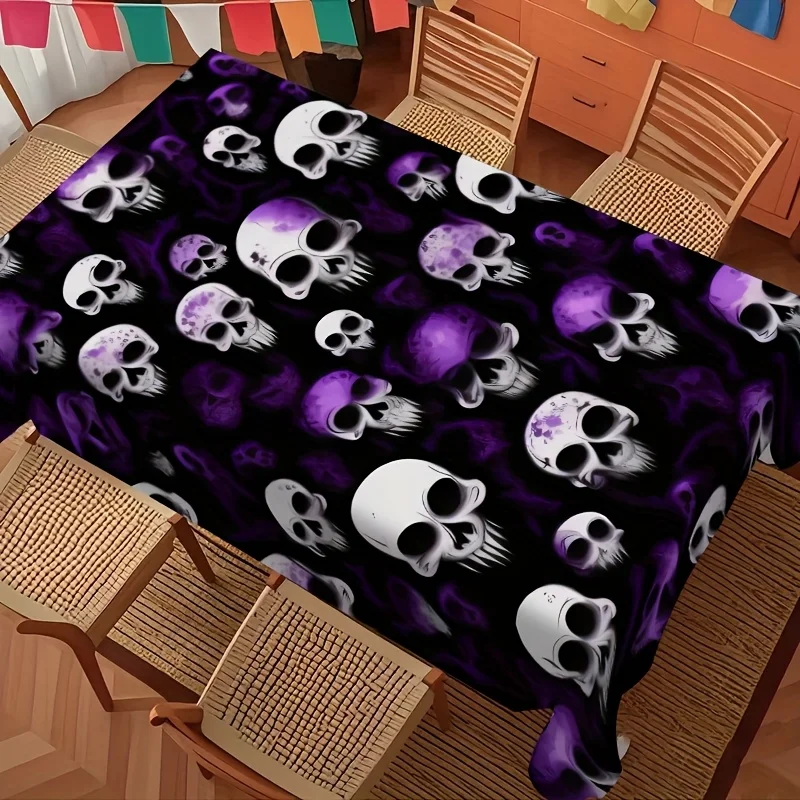 Halloween Purple Skull Tablecloth - A beautiful and retro Halloween-themed polyester tablecloth.