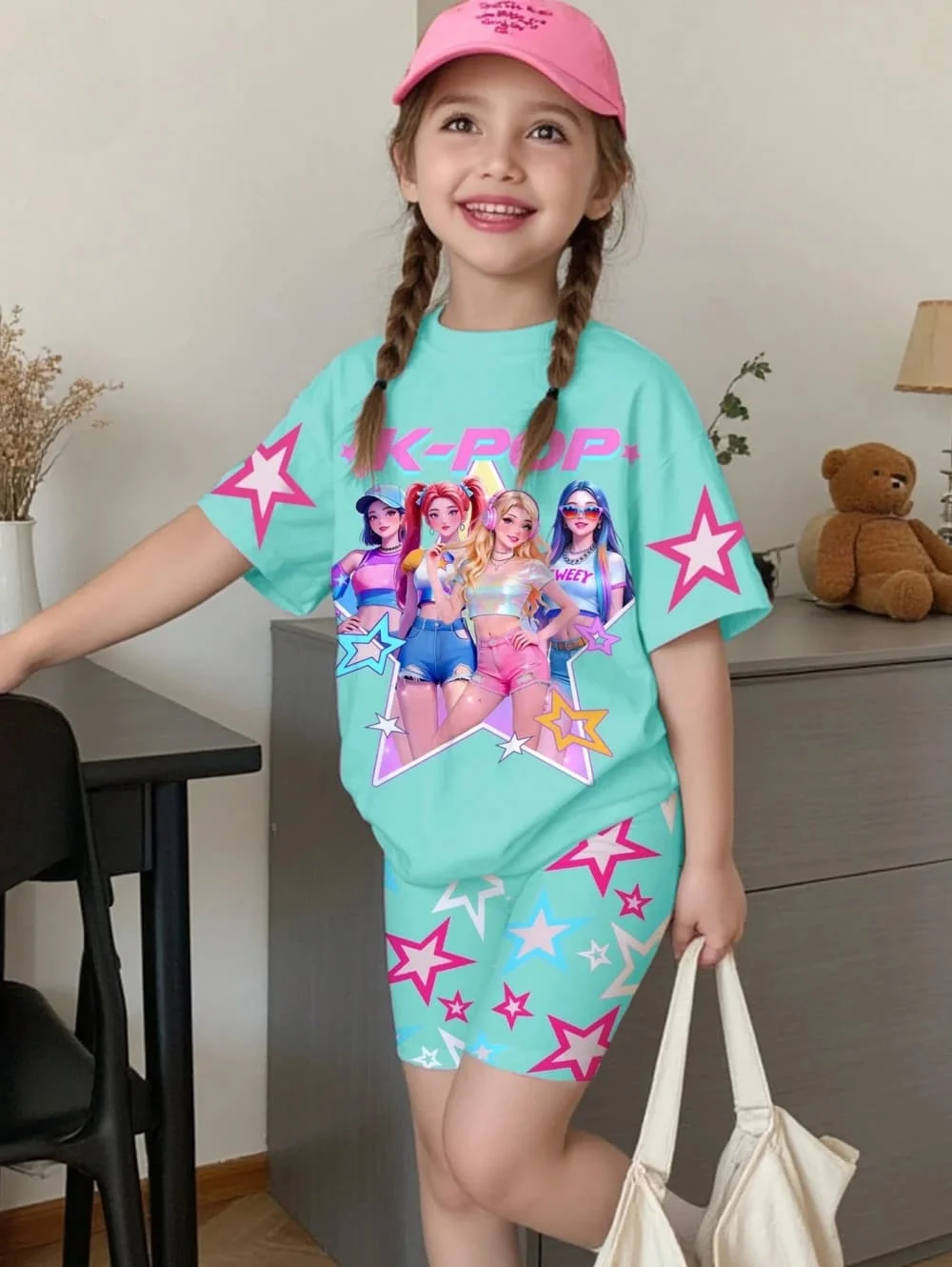 K-Pop Cartoon Grafik Mädchen T-Shirt und Hosen Set Mädchen Sommerkleidung Niedliches Kurzarm-Set Kinder T-Shirt und Shorts Set – Detail 7