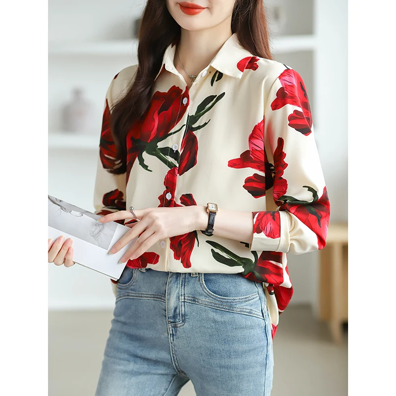 2025 Moda elegante manica lunga colletto rovesciato camicia da donna stampa camicia in chiffon camicetta donna top Camisas De Mujer Blusas N420