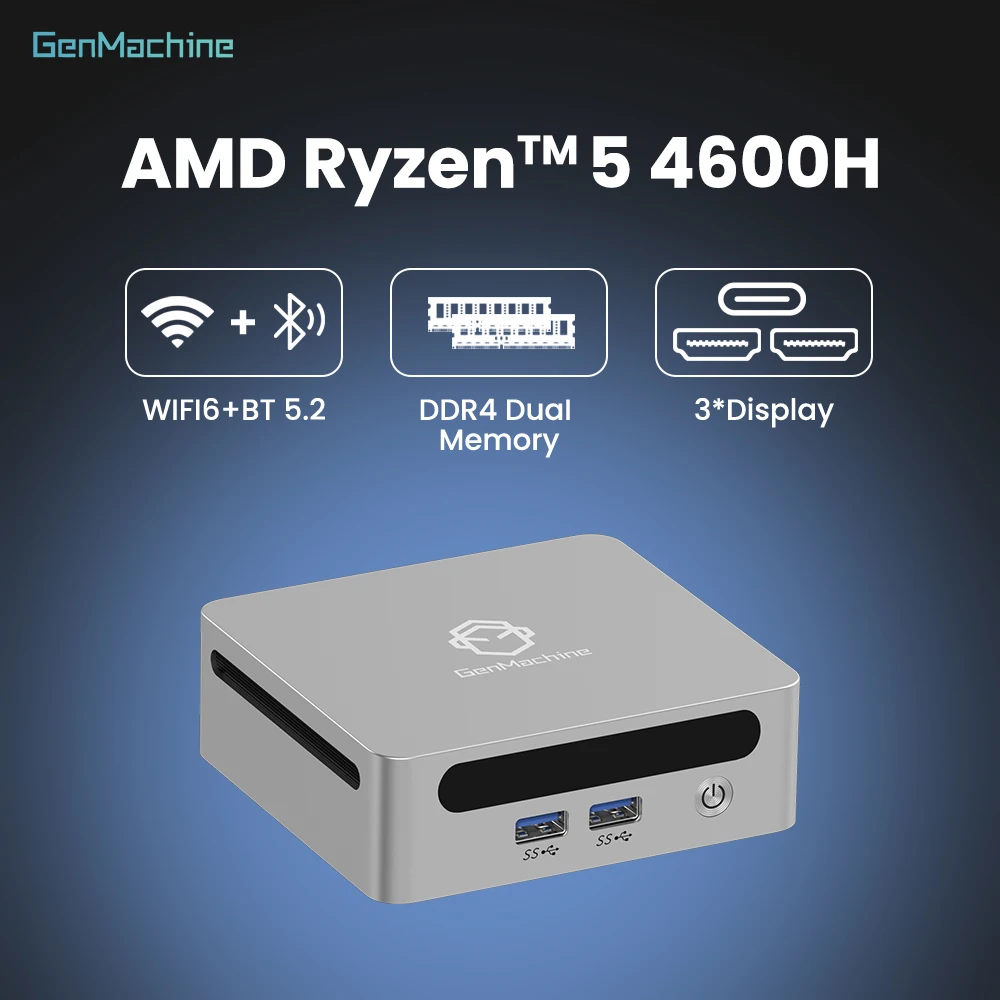 Genmachine  AMD Ryzen 5 4600H, 6C12T Power, Radeon Graphics 4K Output, WiFi6, Portable Gaming Computer Cheap Mini PC Diy Gaming