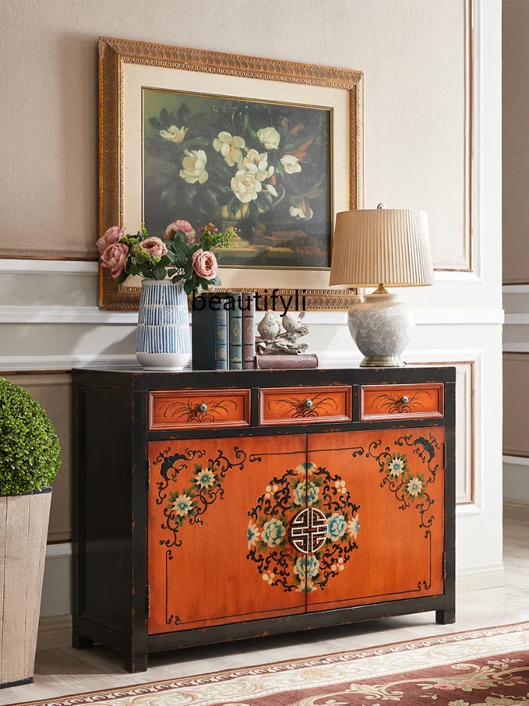 

SS03A American-Style Solid Wood Vintage Vintage Painted Wall Shoe Cabinet European-Style Retro Storage Sideboard Cabinet