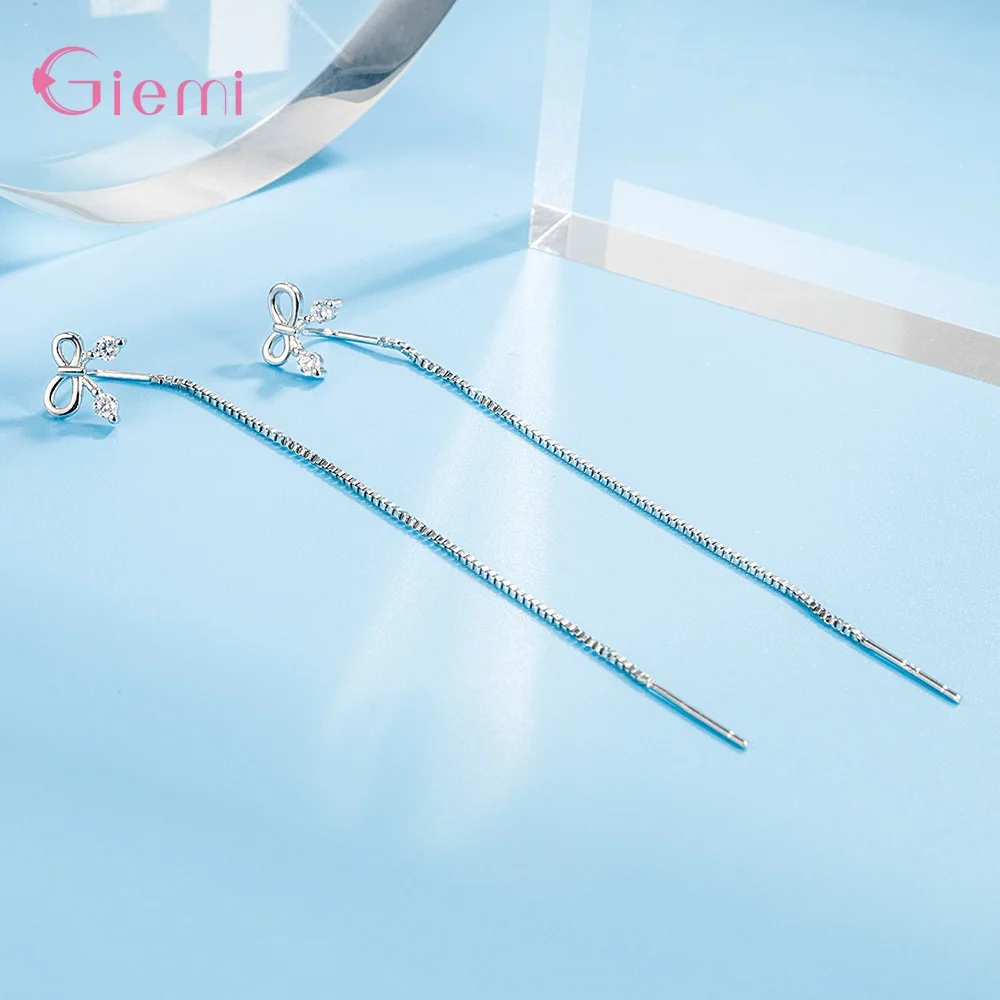 Bowknot نمط الأقراط شرابة طويلة حقيقية 925 فضة انخفاض الأقراط هدية للنساء المجوهرات الأصلية الجميلة