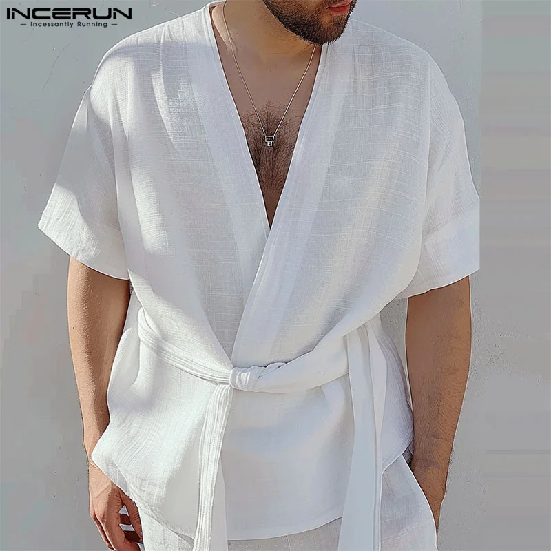 

INCERUN Tops 2024 Korean Style New Men's Solid Simple Strap Design T-shirts Fashion Clubwear V-neck Short Sleeved Camiseta S-5XL