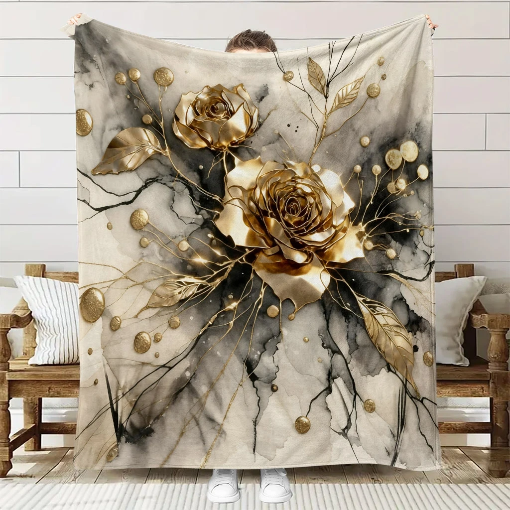 1pc Soft Golden Rose Marble Background Themed Flannel Blanket, High-Definition Digital Print, Sofa Throw, All-Season Use, Soft a