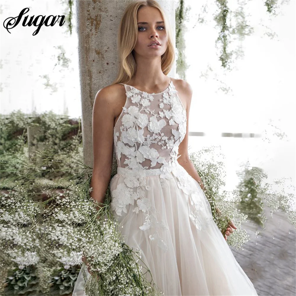 Elegante Fee Brautkleid Sommer A-Linie Spaghetti träger Applikationen Tüll Sweep Zug Brautkleid Vestidos de Noiva