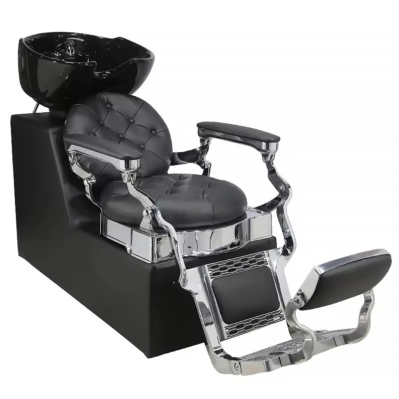 Antique Tufted Black Leather Reclining Shampoo Bed Chair Retro Barbershop Hairdressing Salon Washing Sink and Chair
