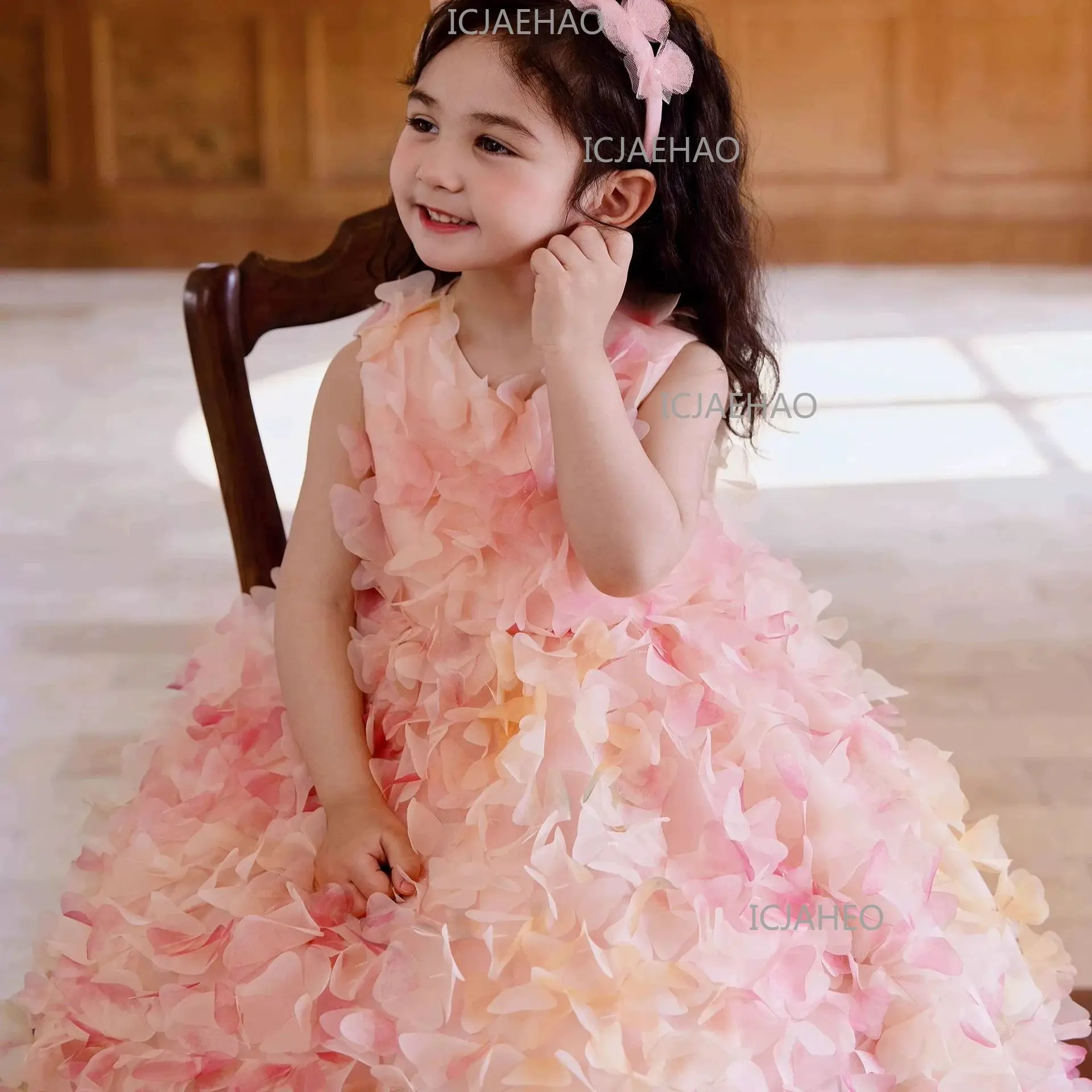 Girls Princess Dress Rainbow Puffy Cake Skirt  Girl Host Piano Girls Performance Outfit Floral Kids Birthday Gown High End