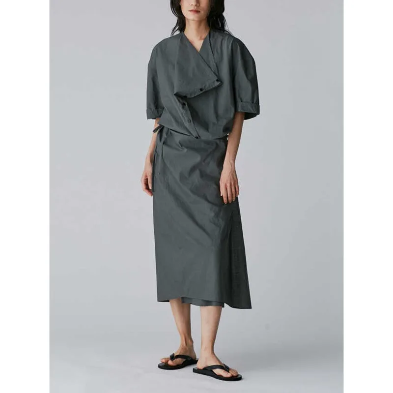 

Irregular short-sleeved dress 2024 early fall new loose mid-length swing collar shirt skirt brand SAPYU