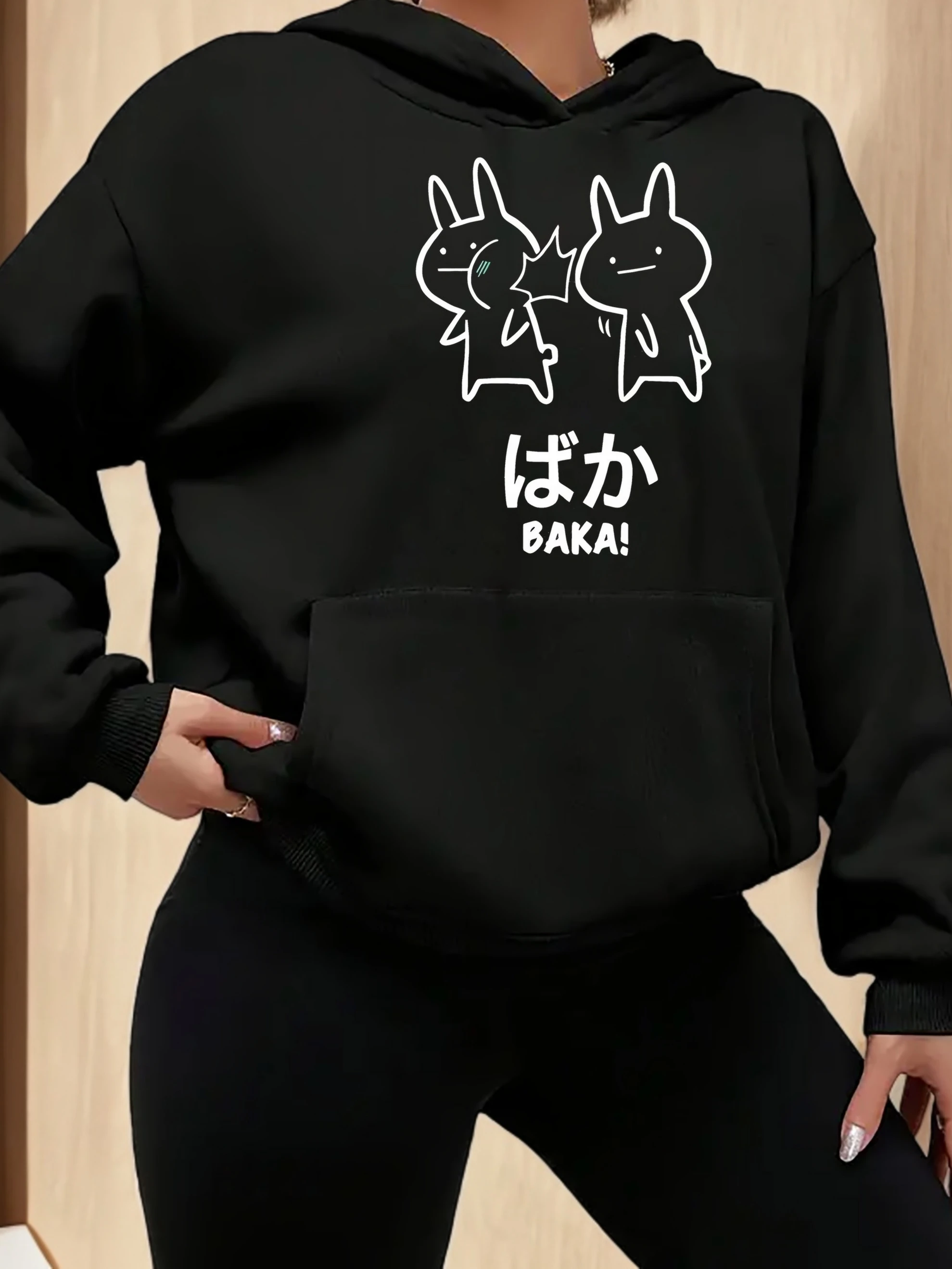 

Polyester Women's Casual Hoodie with Rabbit Graphic, Hooded Knit Fabric Pullover, Slight Stretch, Fashionable Alphabet Pattern