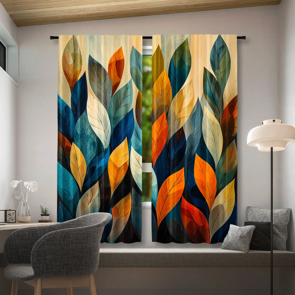 2pcs Vibrant Abstract Leaf Print Curtains - Rod Pocket, Semi-Transparent Polyester, Machine Washable - Ideal for Bedroom, Office