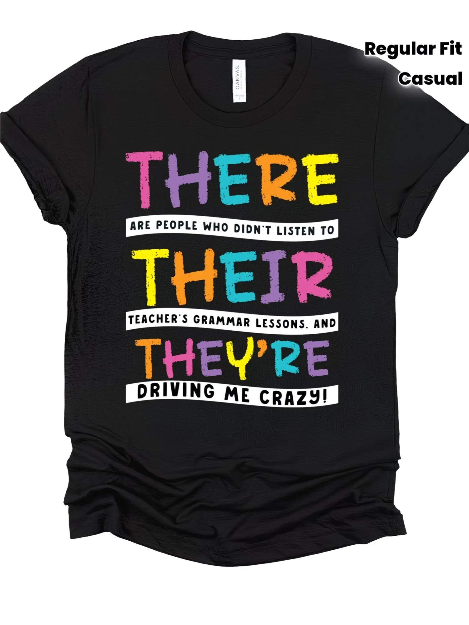 [Grammar Humor T-Shirt] There Their They'Re Shirt Grammar Lesson Humor Graphic Tee for English Teachers, Black Casual T-Shirt with Colorful Typography, Back to School Gift for Educators, Unisex Men'S And Women'S Size 226 Round Neck Regular Fit