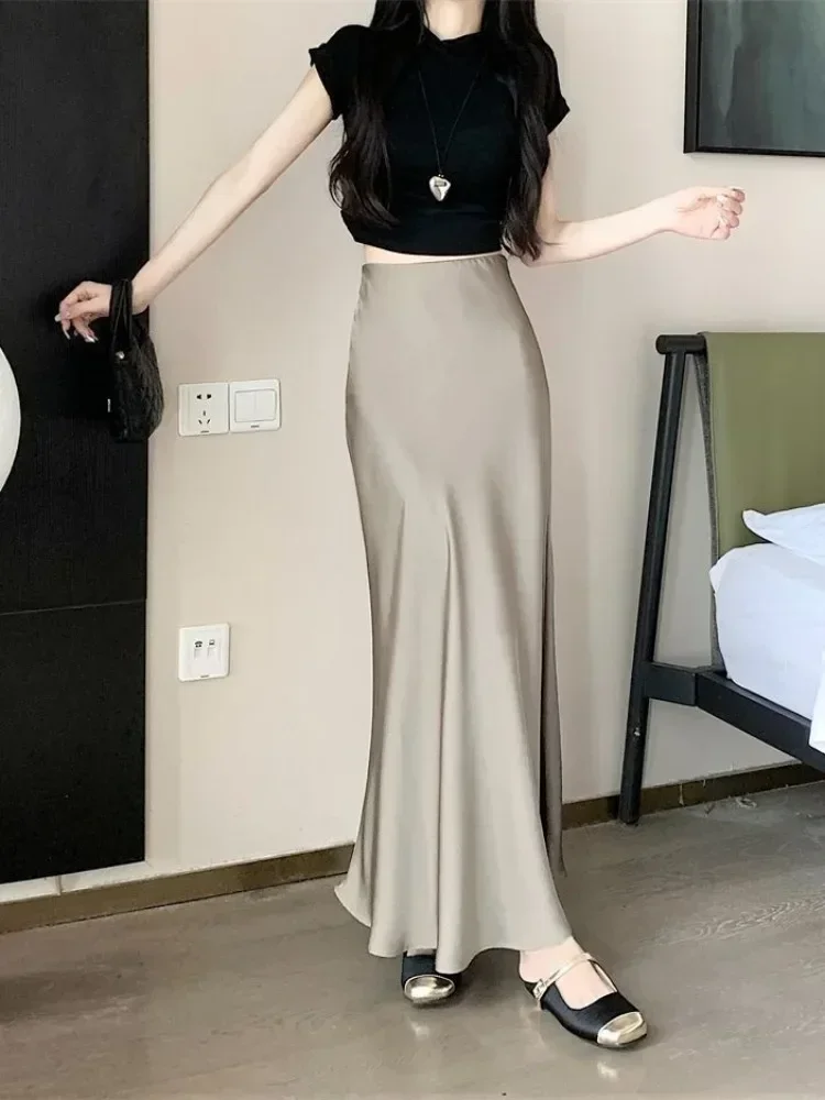 Solid Fish Tail Skirts for Women High Waisted Satin Silk LOOSE Midi Skirt Grey Summer Long Skirts for Elegant Women Fashion 2024