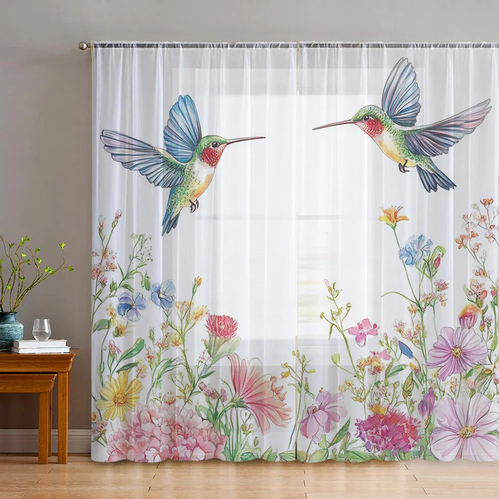 Cute Floral Hummingbird Curtains Botanical Garden Pattern Watercolor Window Panels Sheer Curtains for Living Room Nursery