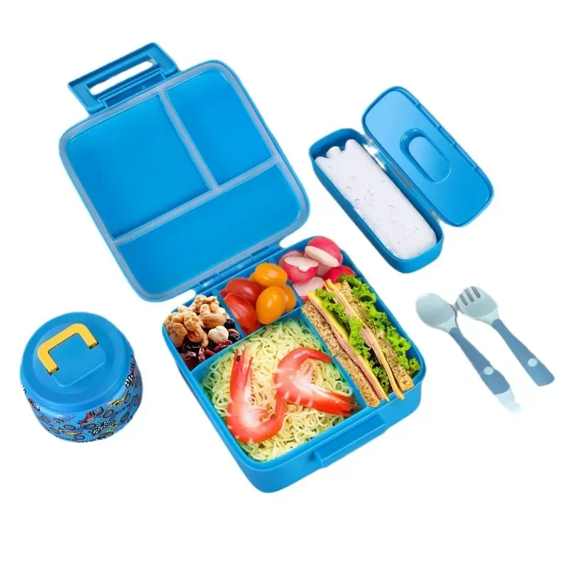 Bento Lunch Box for Kids With 8oz insulated vacuum food jar, bag, ice pack, and bendable fork&spoon, Leak-proof