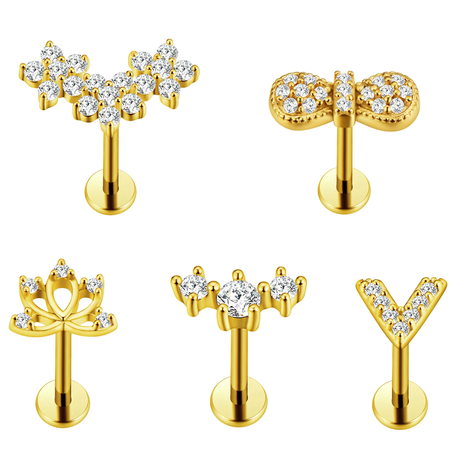 V Shape Flat Back Earrings Labret Piercing Three flowers Internal thread 100% 316L Surgical Steel Cartilage Helix Body Jewelry