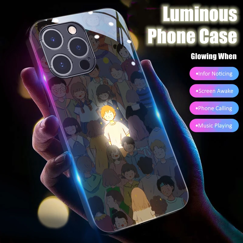 

Lover Couple Voice Sensing LED Light Glow Luminous Party Phone Case for iPhone 16 Pro Max Plus Tempered Glass for Christmas Gift