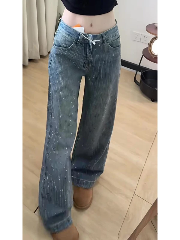 Jean lourd à strass pour femme, jambe droite ample, Design automne-hiver, effet flaissant, taille basse, fermeture à bouton, chaleur