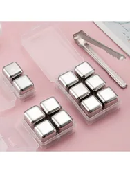 6 Piece Reusable Whiskey Ice Cubes Set with Silicone Head Tongs and Ice Cube Trays 304 Stainless Steel Ice Cubes