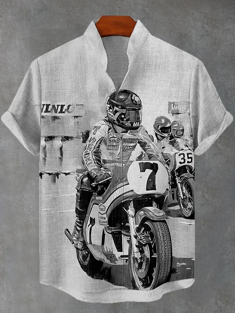 

Мужская винтажная повседневная рубашка с картиной маслом в стиле Харадзюку, летняя блузка с коротким рукавом и воротником-стойкой, унисекс, блузка в японском стиле, туники на пуговицах