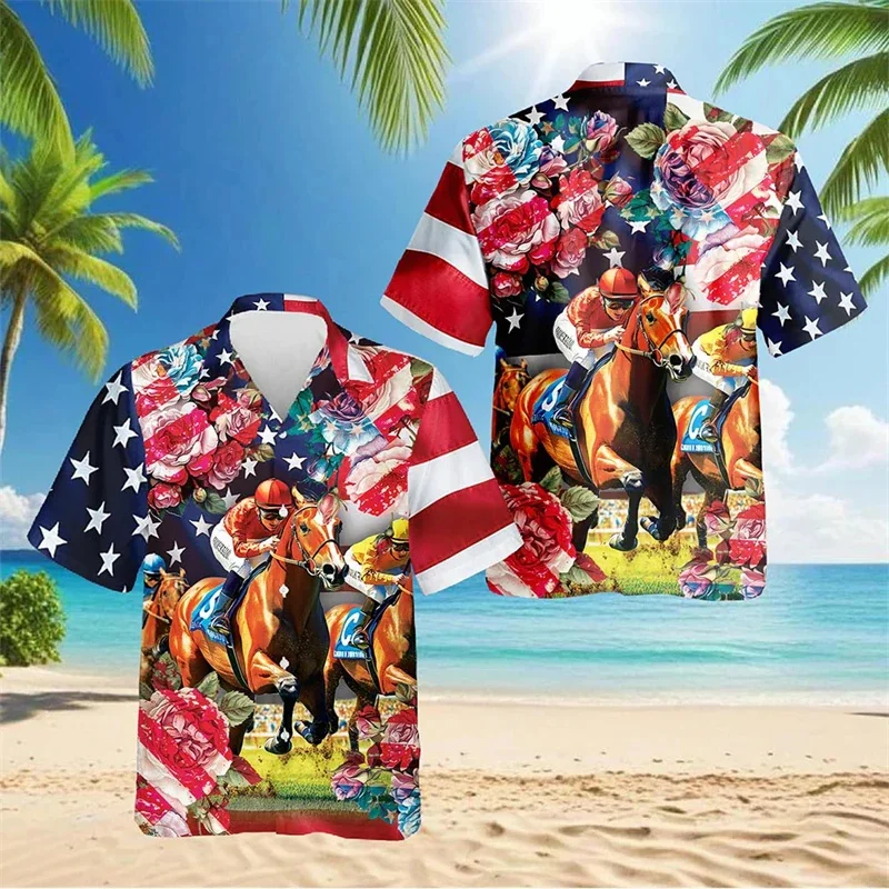 

2025 men's Harajuku shirt with 3D horse racing print short sleeved Cuban collar shirt, Hawaiian shirt for beach parties and Hawa