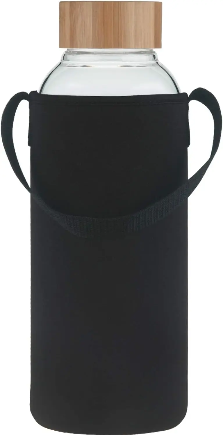 

Спортивная бутылка для воды из боросиликатного стекла на 48 унций с бамбуковой крышкой и неопреновым рукавом