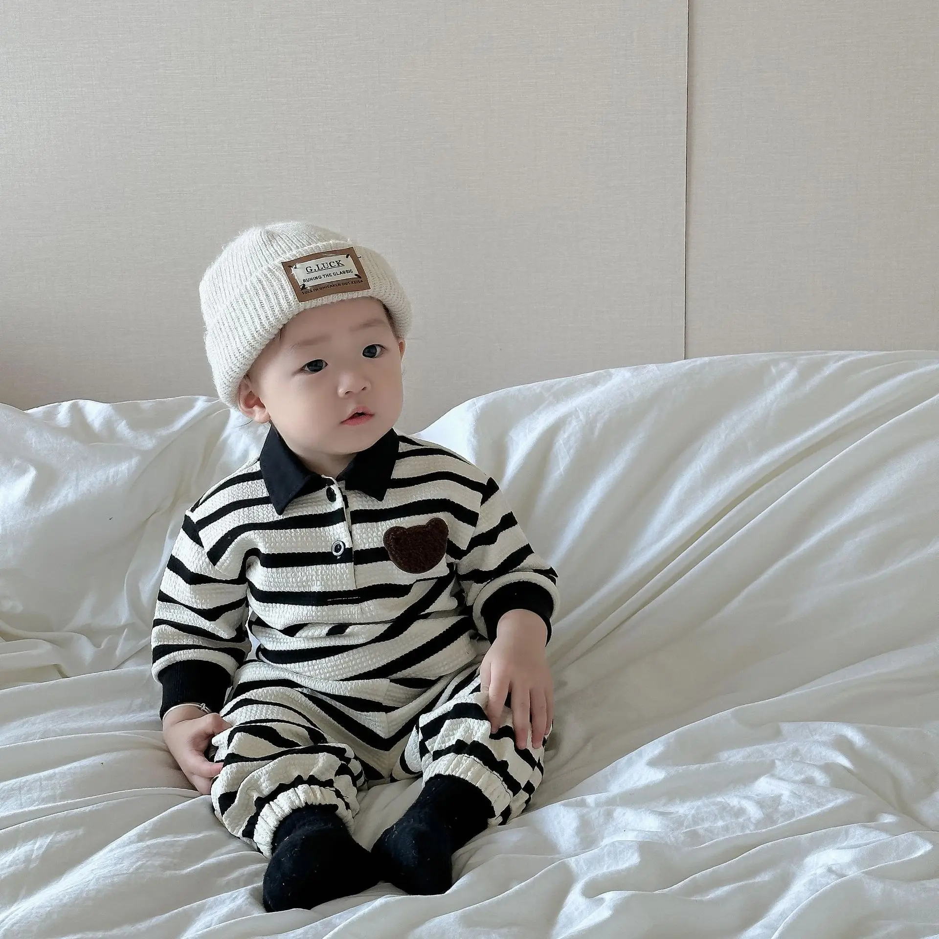 Auumn Striped Baby's Sets Cute Bear Cotton Baby Clothing Set Korean Stripe Casual Set Boys Girls Top Pants Two Piece Set