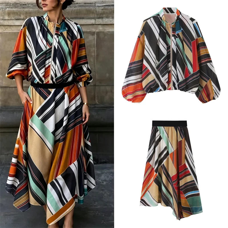 Guobioziy Women's Suit 2026 Early Autumn New Style Fashion Stand Collar Printed Bomber Jacket Asymmetrical Mid-Length Skirt